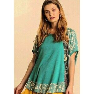 Umgee Small Dusty Jade Multi-Print Raw High Low Hem Casual Tunic Top